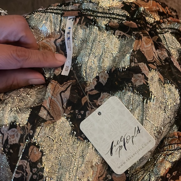 New Free People Woven Boho Top Button Shirt BlouseGold Accents Long Sl S Floral - Picture 4 of 7